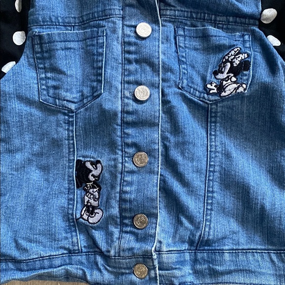 Disney Minnie Polka Dot Kids Jean Jacket Embroidered Mouse Ears Hooded Bow Coat - Picture 2 of 6